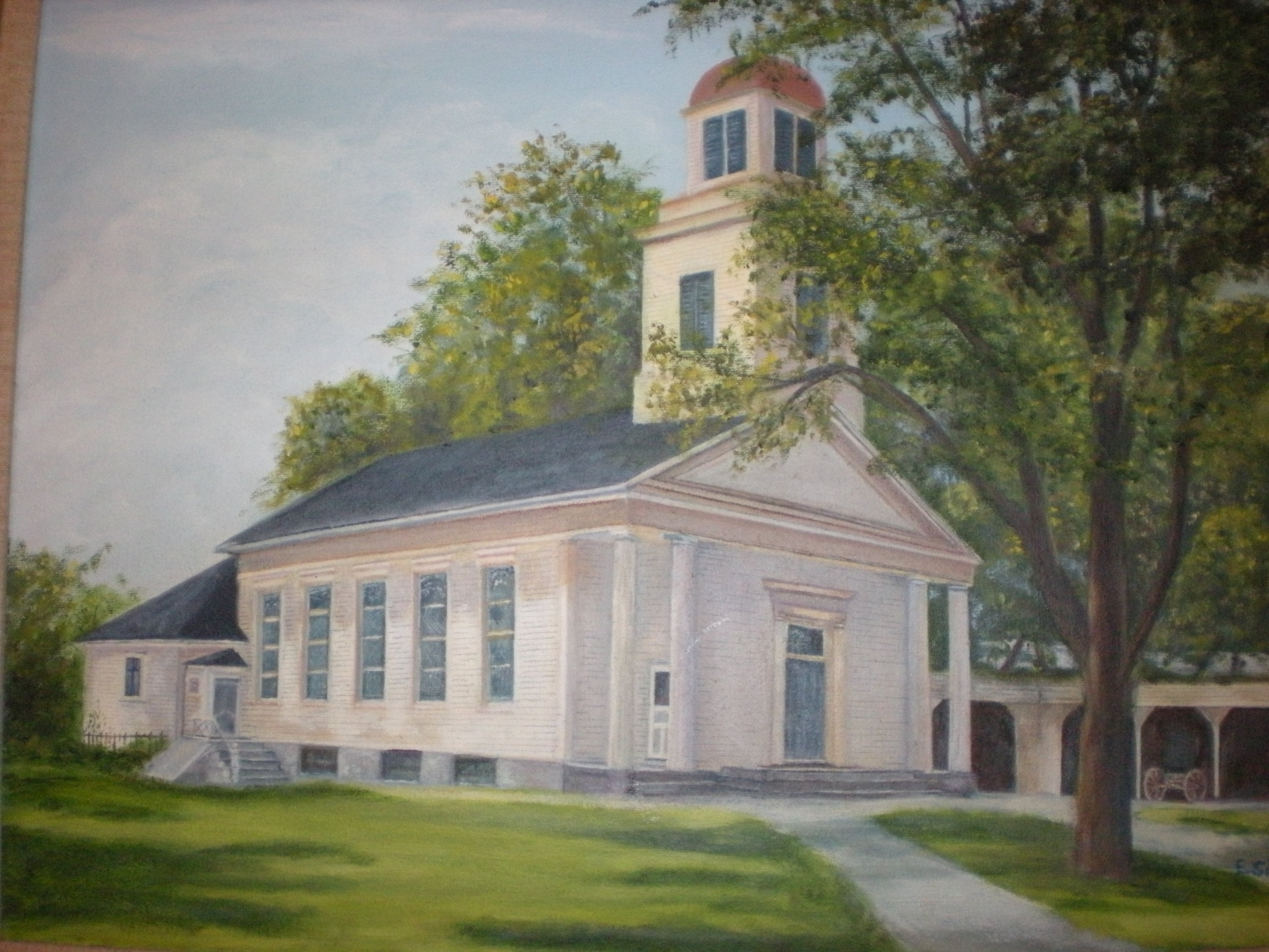 This picture hangs in the Hazekamp Hall and shows the church prior to the sunday school addition. 
Note the stables to the right!